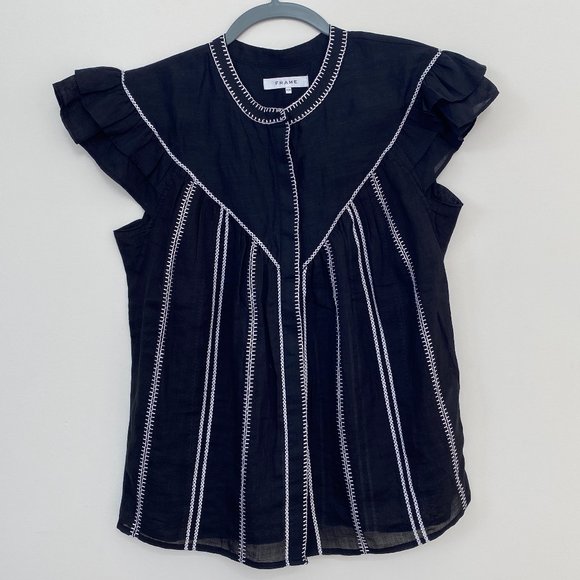 Frame Denim Flutter Sleeve Embroidered Blouse M - Picture 2 of 7